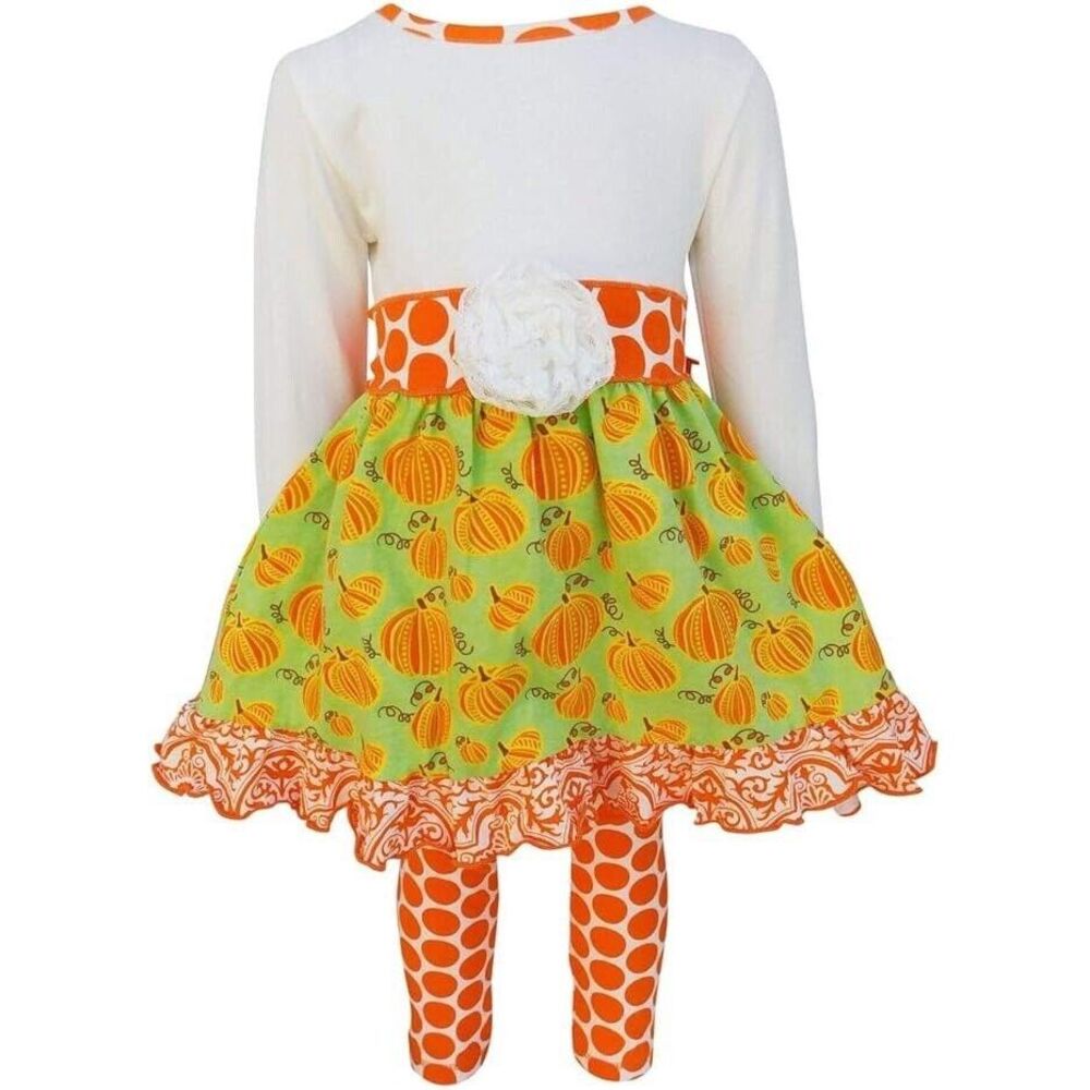 Ann Loren BNWT Girl's Thanksgiving Outfit‎ Pumpkin & Polka Dot Dress Size 13-14 - Picture 2 of 6